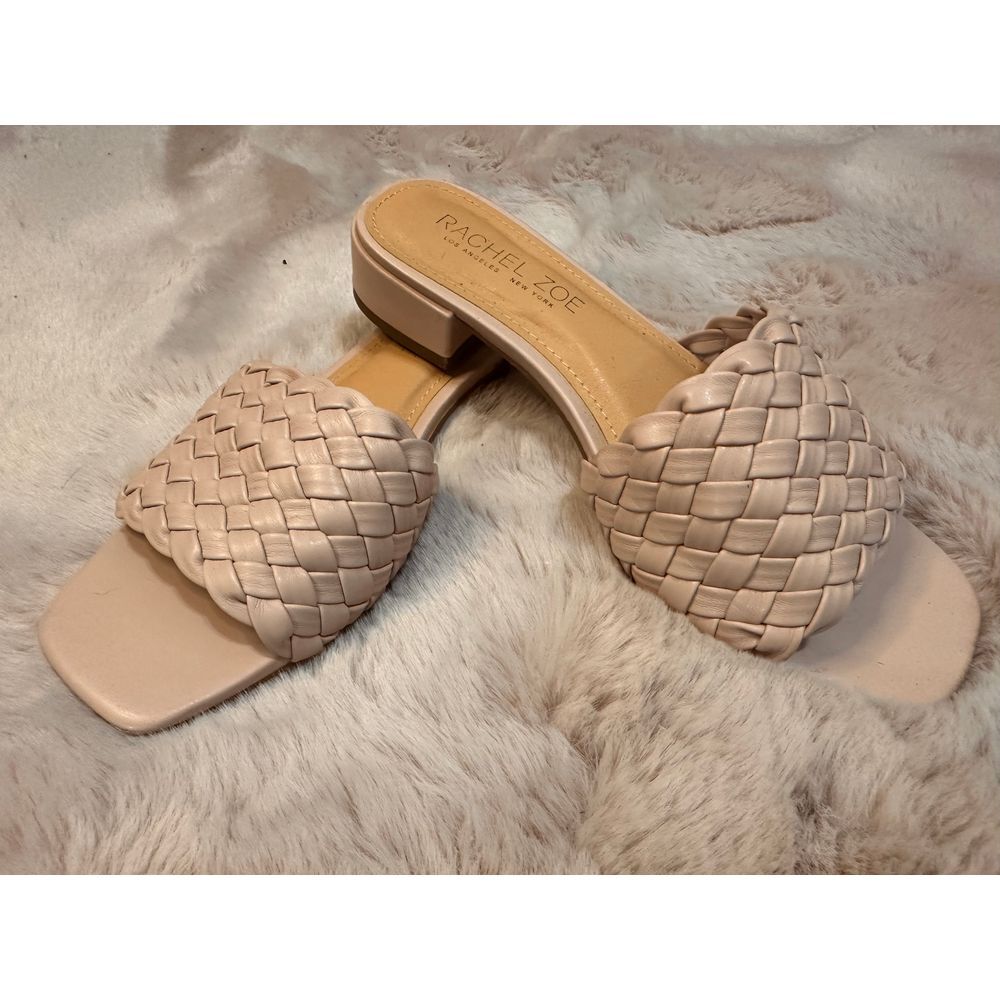 Rachel Zoe Woven Leather Slide Sandals Square‎ Toe Low Heel Cream Size 7.5